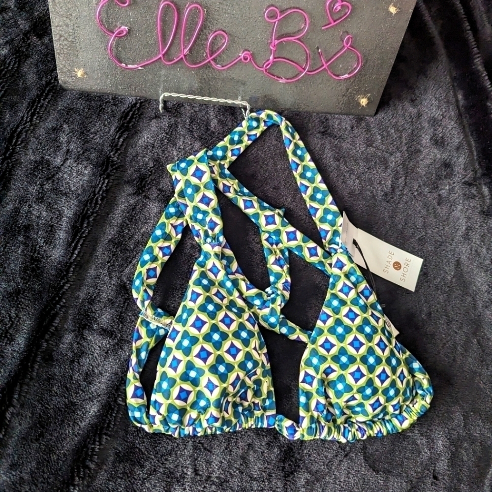 NWT Shade & Shore Green White Purple Strappy Back Bikini Top S 4-6